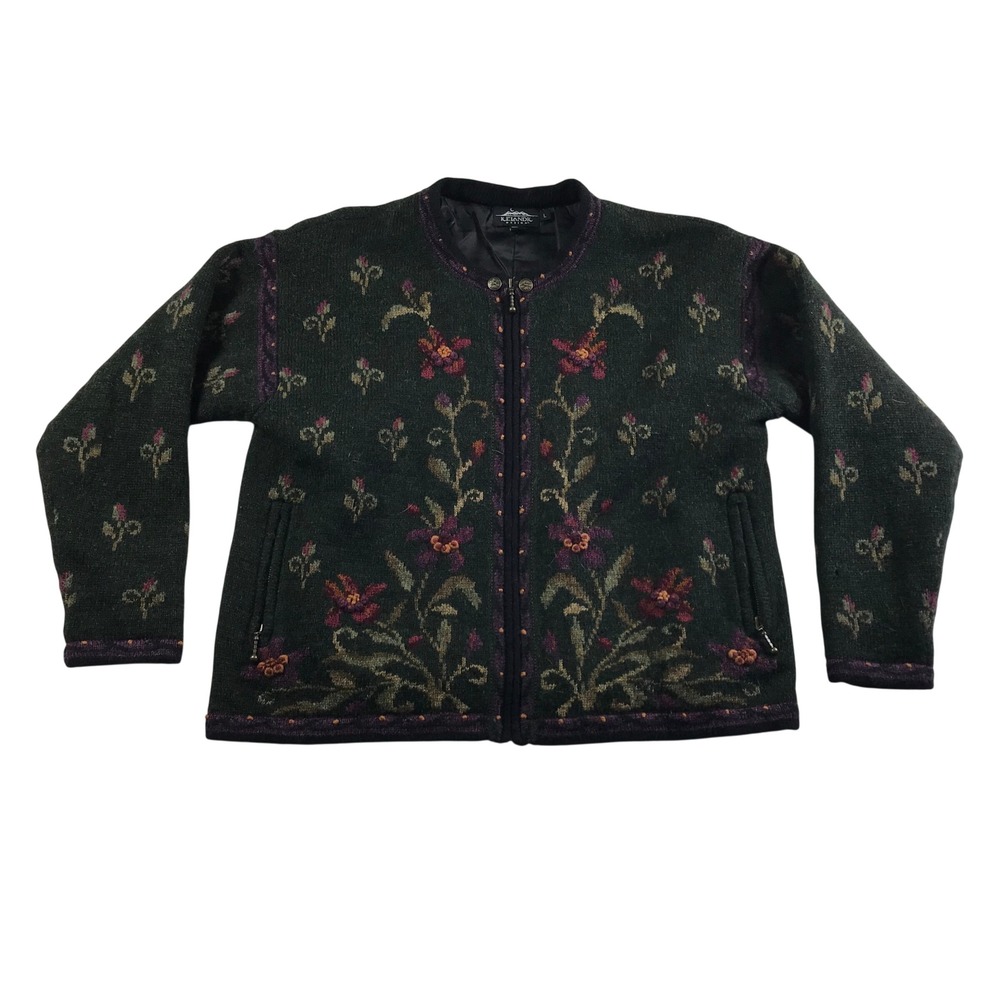 Icelandic Design Womens Wool Floral Zip Cardigan Sweater Green Lined Large